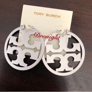 Tory Burch Miller Logo Silver Hoop Earrings